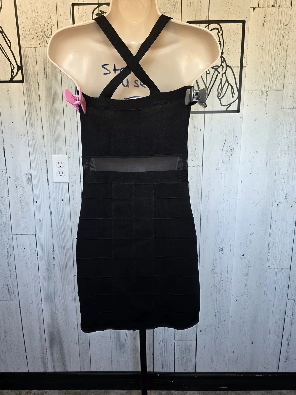 Bebe Black Bandage Bodycon Mini Dress Mesh Cutout Size M Date Night Going Out - Picture 4 of 13